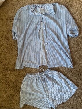 Light Blue & White Striped Button-Up Shirt with Matching Shorts Set